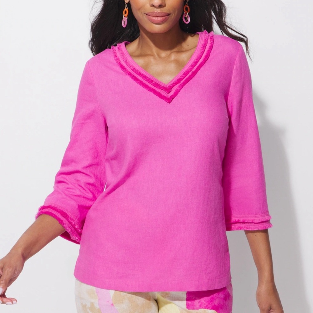 Chico’s Fray-Trim Easy Linen-Blend Popover Top 3/4 sleeve blouse pink fuchsia